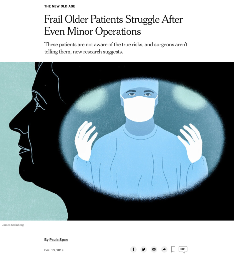 Screenshot of the New York Times article titled "Frail Older Patients Even After Minor Operations" featuring a sketch of a surgeon wearing a mask and holding up their gloved hands.